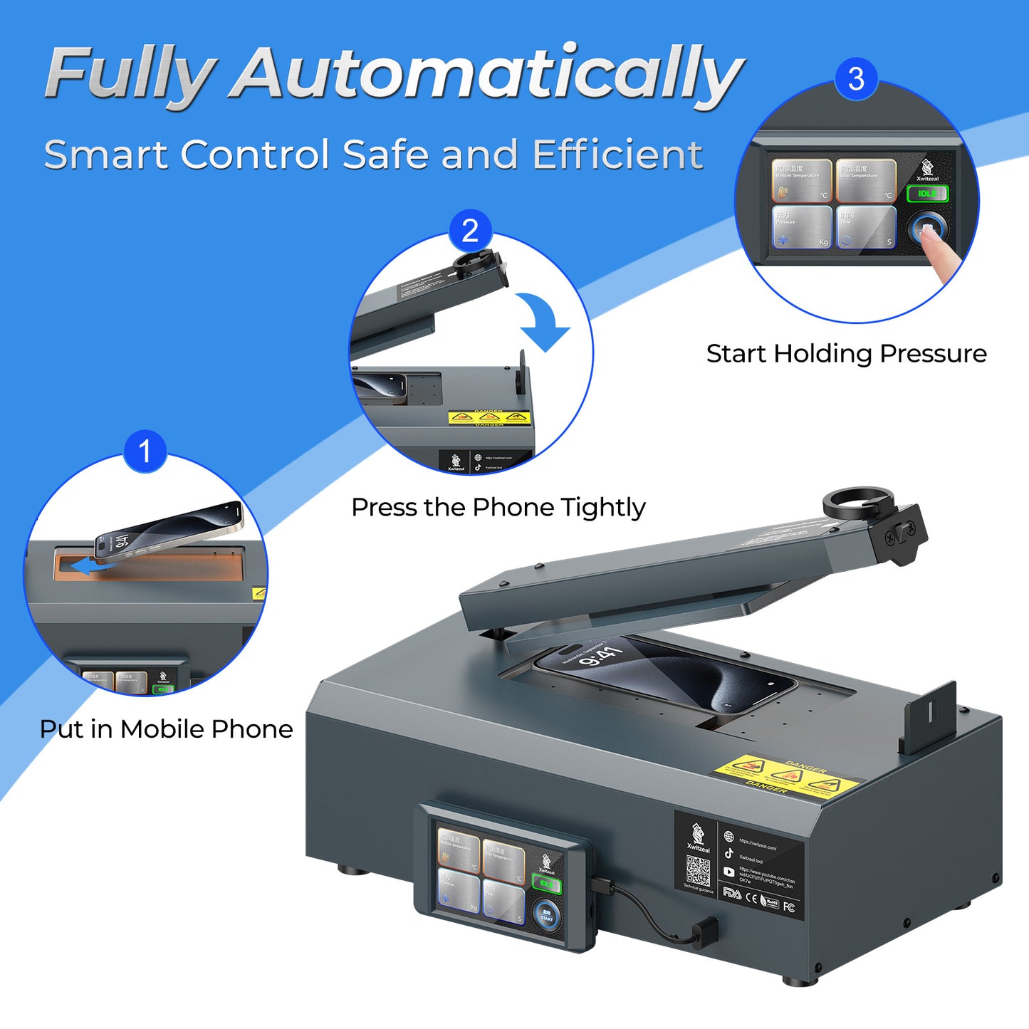 BY1 Automatic Mobile Phone Pressure Machine for Curved Straight Screens/Battery, 4-Side Heating, 200KG Pressure Output Fit Phone Glue Sealing