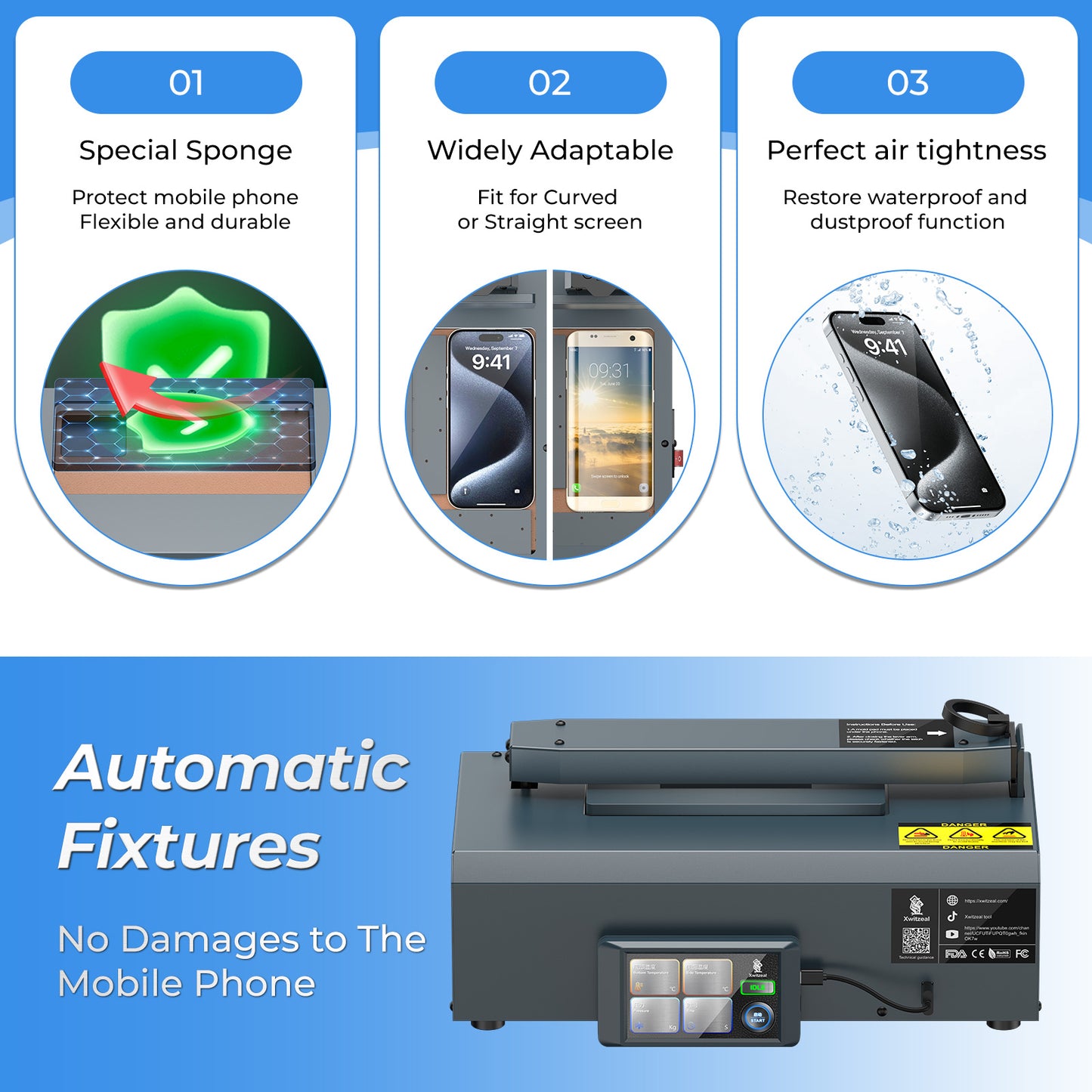 BY1 Automatic Mobile Phone Pressure Machine for Curved Straight Screens/Battery, 4-Side Heating, 200KG Pressure Output Fit Phone Glue Sealing