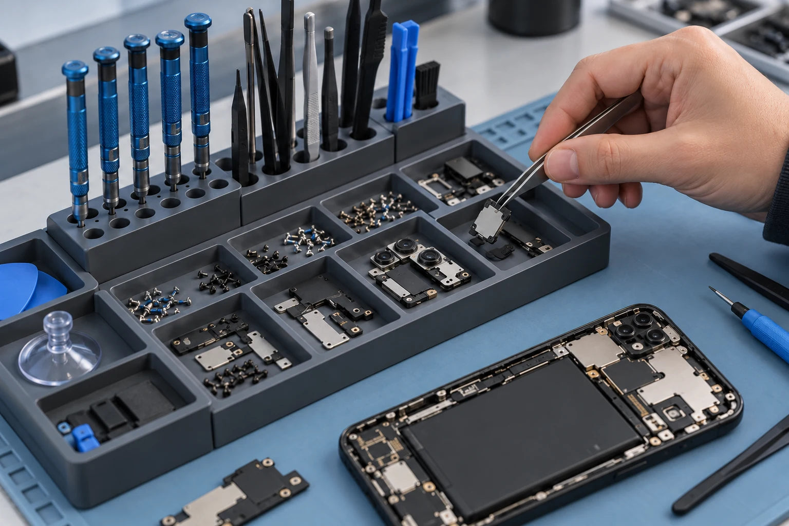 Illustrative repair scene: divided parts trays and a tool stand keeping a phone repair workbench organized
