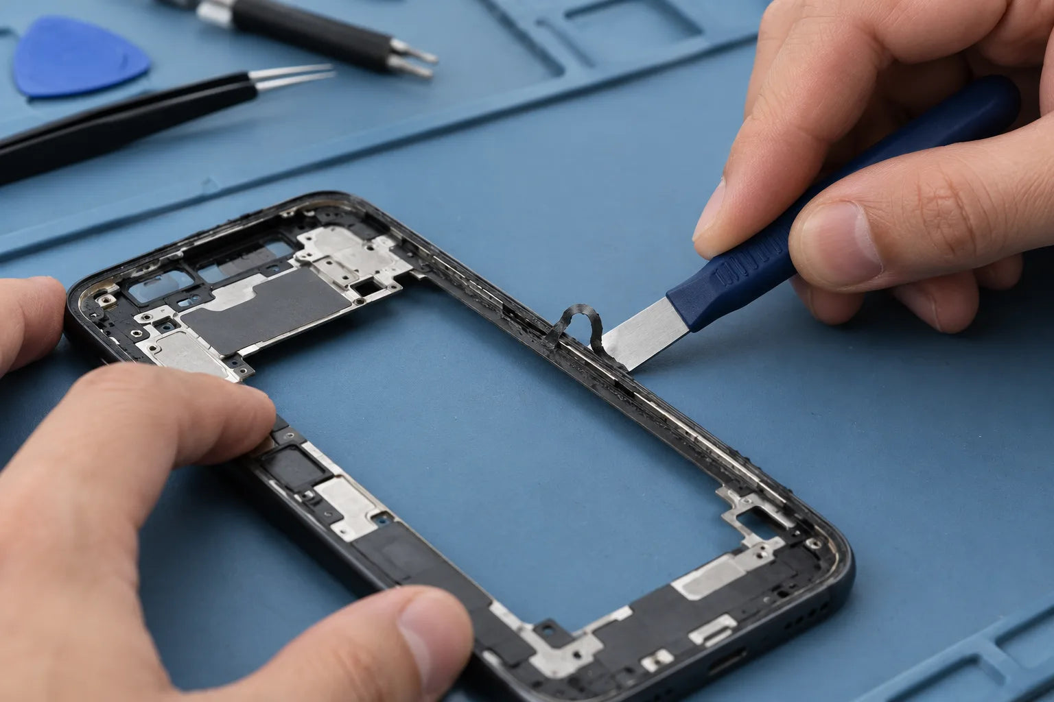 Illustrative repair scene: an adhesive scraper cleaning a phone frame edge