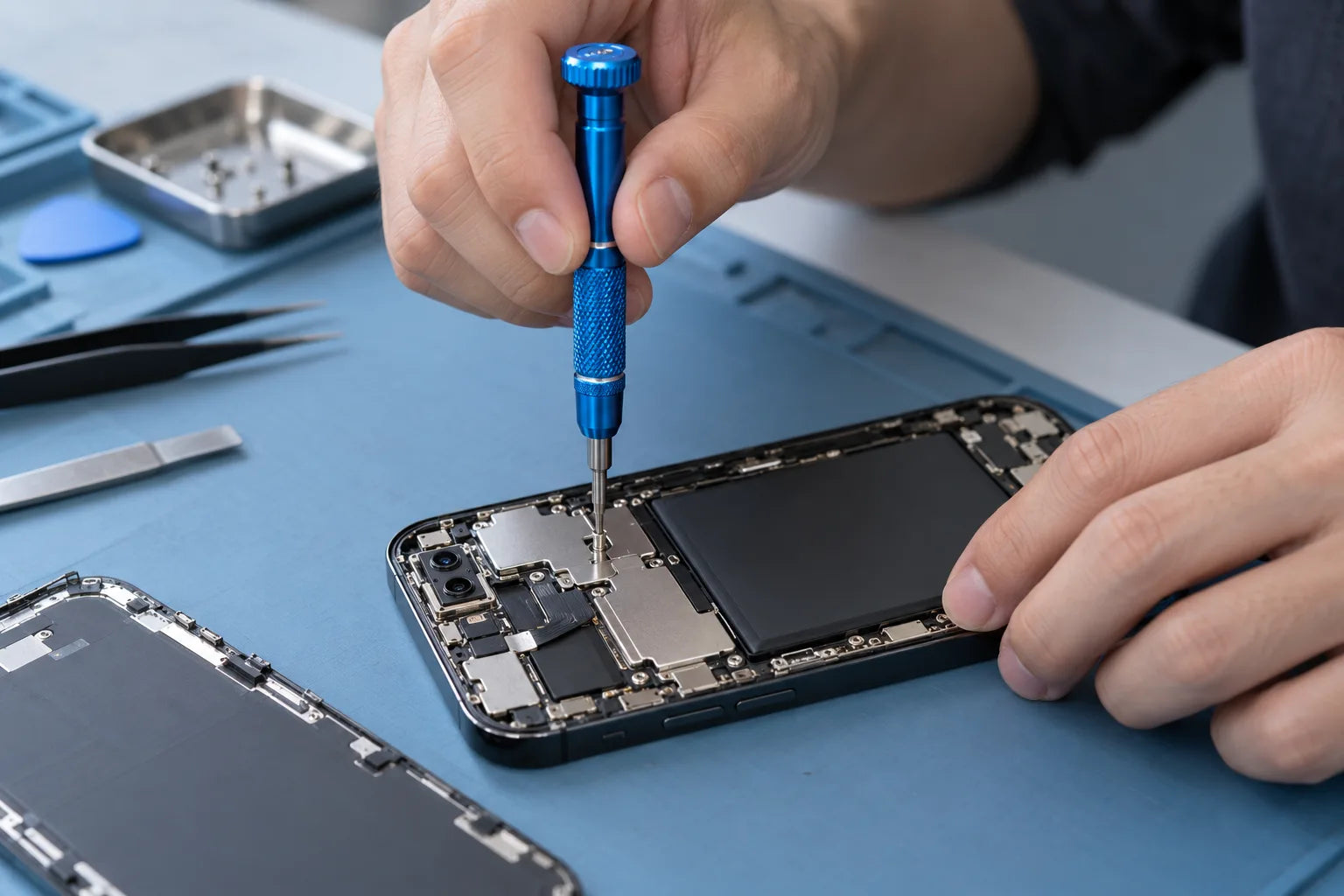 Illustrative repair scene: a precision screwdriver removing a phone shield screw