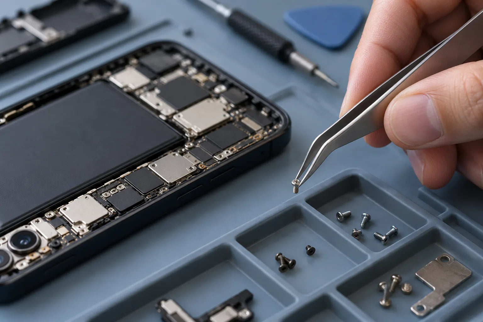 Illustrative repair scene: fine-tip tweezers picking up a small phone screw