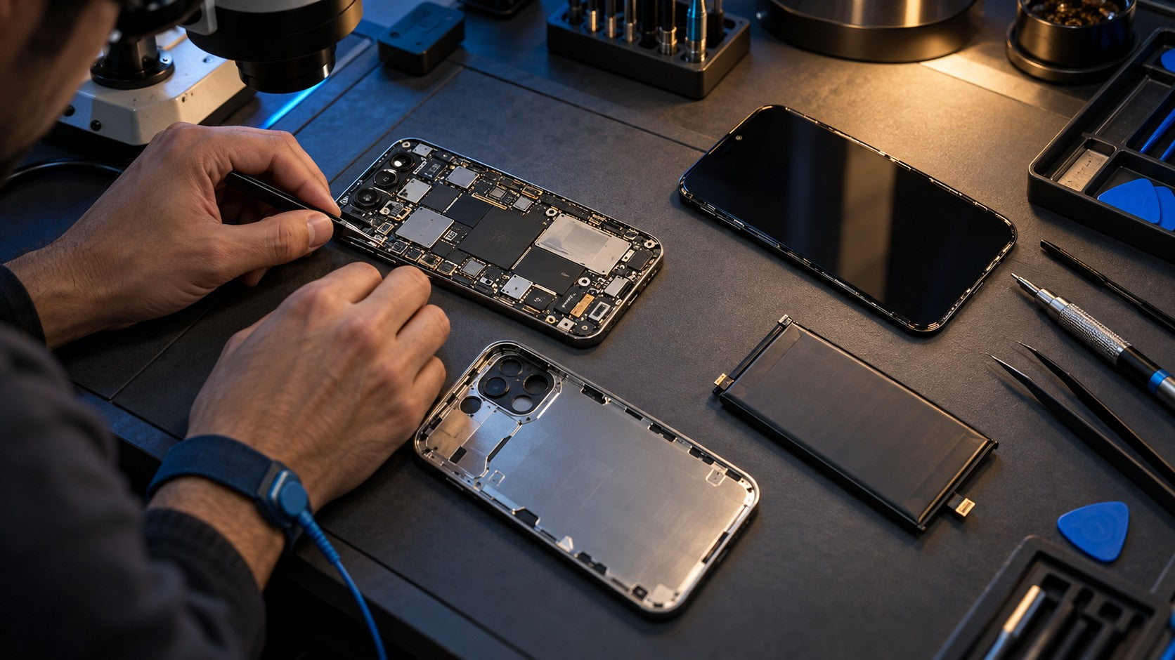 Illustrative phone repair workbench with components and precision tools